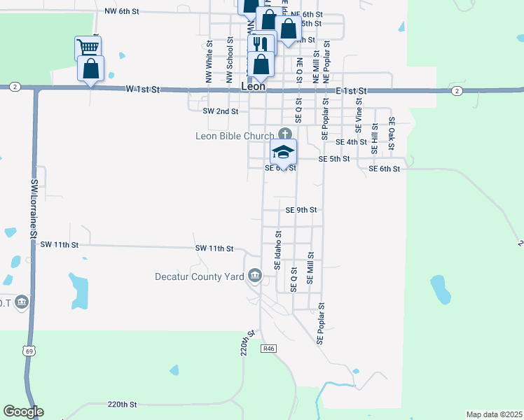 map of restaurants, bars, coffee shops, grocery stores, and more near 9th Street in Leon