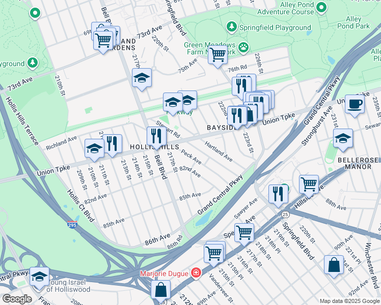 map of restaurants, bars, coffee shops, grocery stores, and more near 217-45 Peck Avenue in Queens