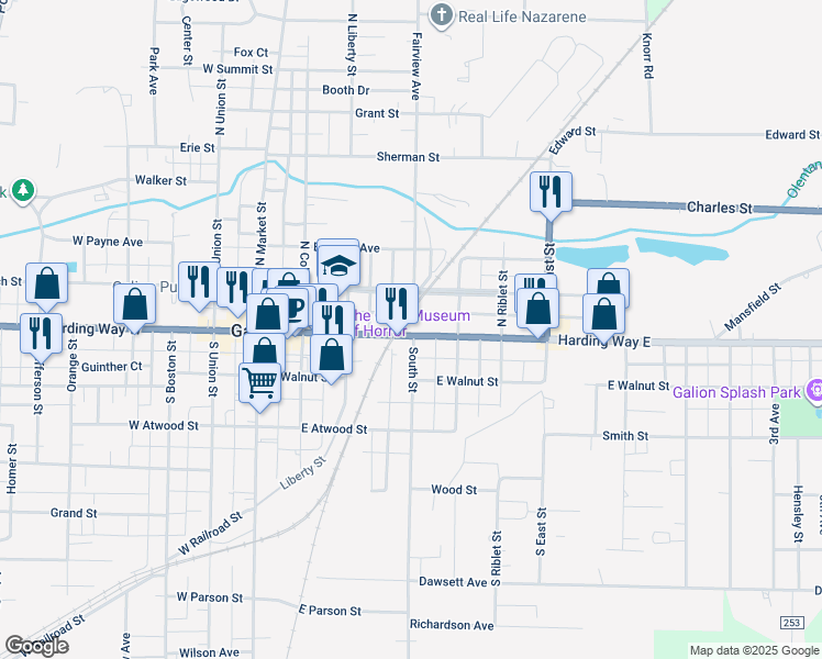 map of restaurants, bars, coffee shops, grocery stores, and more near 420 Harding Way East in Galion