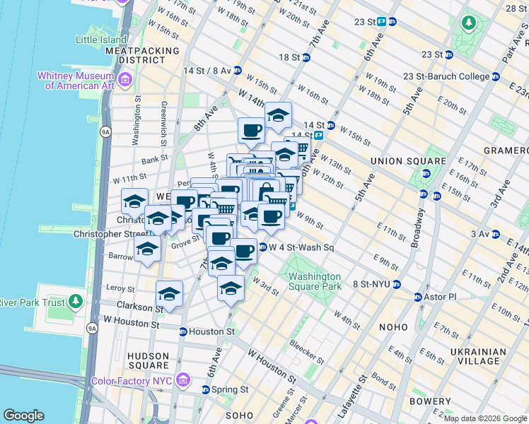 map of restaurants, bars, coffee shops, grocery stores, and more near Christopher St & Gay St in New York
