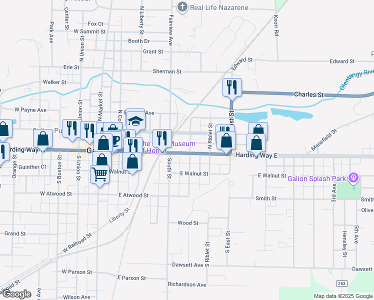 map of restaurants, bars, coffee shops, grocery stores, and more near 546 Harding Way East in Galion