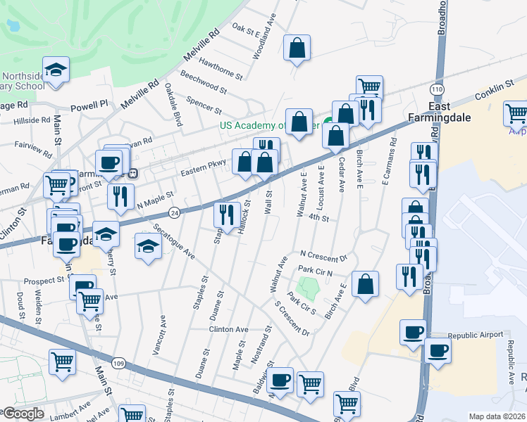 map of restaurants, bars, coffee shops, grocery stores, and more near 51 Wall Street in Farmingdale