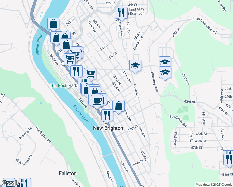map of restaurants, bars, coffee shops, grocery stores, and more near 723 11th St in New Brighton