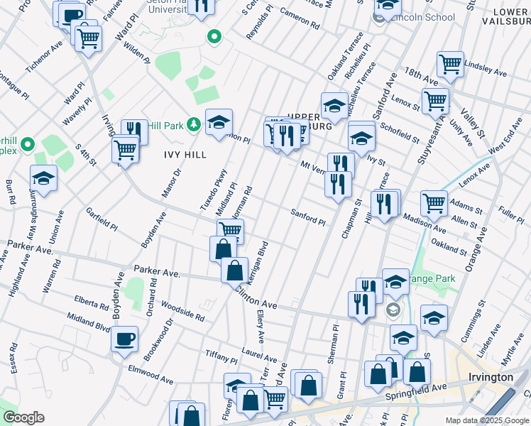 map of restaurants, bars, coffee shops, grocery stores, and more near 264 Eastern Parkway in Newark