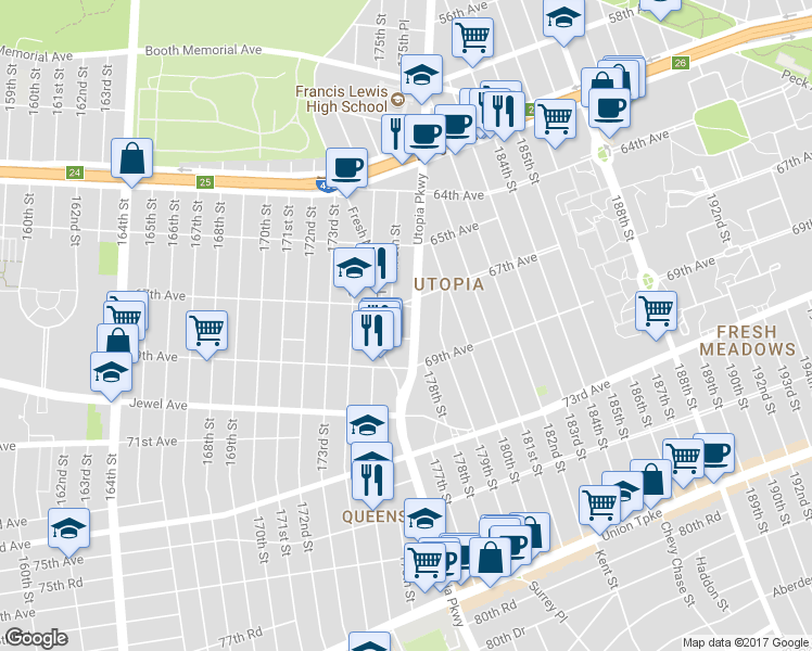 map of restaurants, bars, coffee shops, grocery stores, and more near 67-18 Utopia Parkway in Queens
