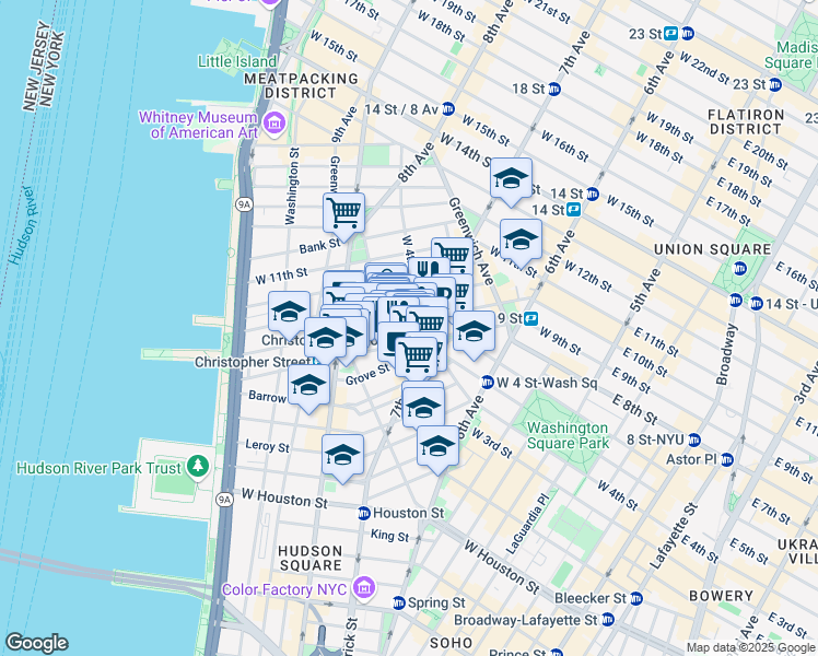 map of restaurants, bars, coffee shops, grocery stores, and more near 93 Christopher Street in New York