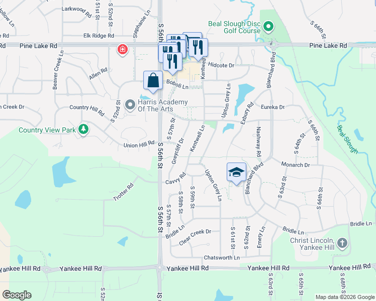 map of restaurants, bars, coffee shops, grocery stores, and more near 7609 Kentwell Lane in Lincoln