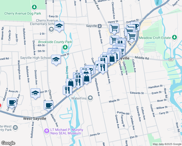 map of restaurants, bars, coffee shops, grocery stores, and more near 28 Bohack Court in Sayville