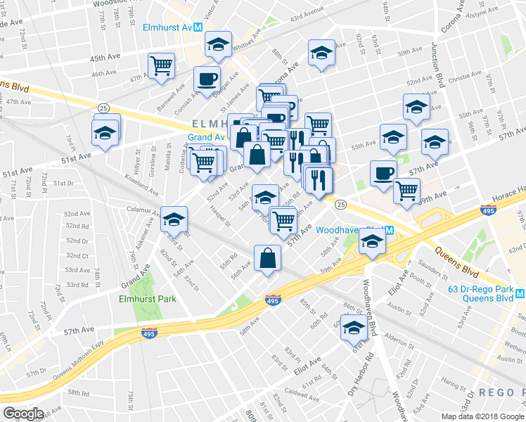 map of restaurants, bars, coffee shops, grocery stores, and more near 55-01 Van Horn Street in Queens