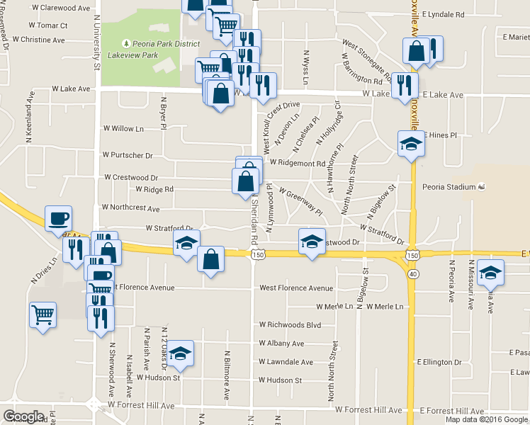 map of restaurants, bars, coffee shops, grocery stores, and more near 3813 North Lynnwood Place in Peoria