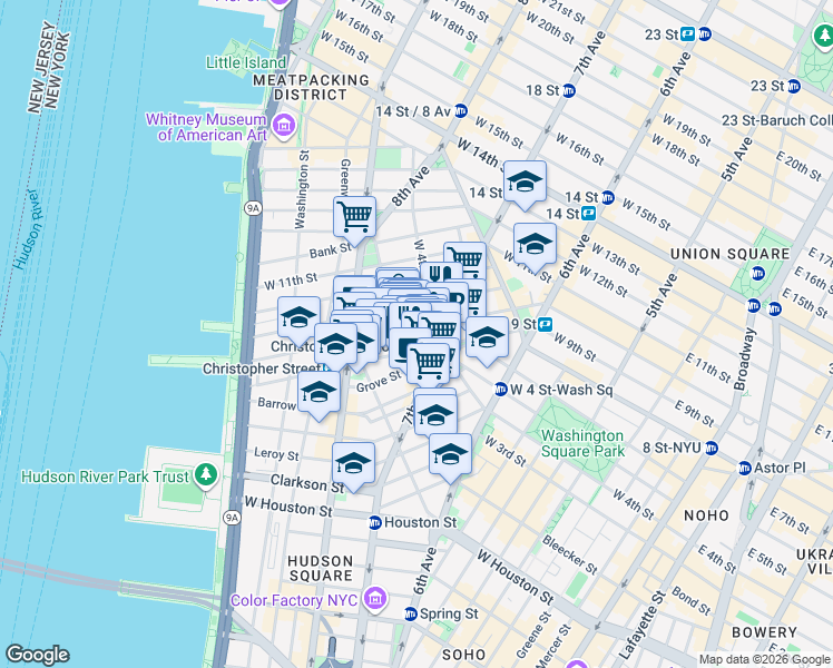 map of restaurants, bars, coffee shops, grocery stores, and more near 93 Christopher Street in New York