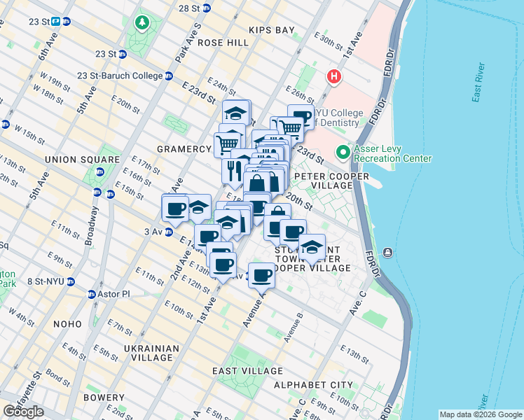 map of restaurants, bars, coffee shops, grocery stores, and more near 310 1st Avenue in New York