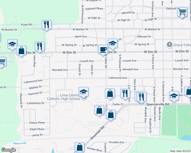 map of restaurants, bars, coffee shops, grocery stores, and more near 2550 Lakewood Avenue in Lima