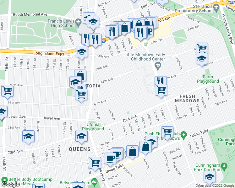 map of restaurants, bars, coffee shops, grocery stores, and more near 181-19 69th Avenue in Queens