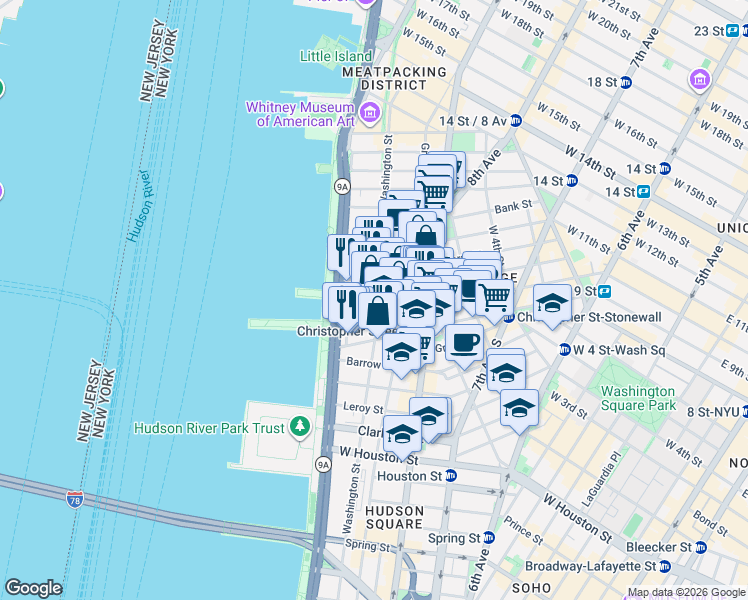 map of restaurants, bars, coffee shops, grocery stores, and more near 680 Washington Street in New York