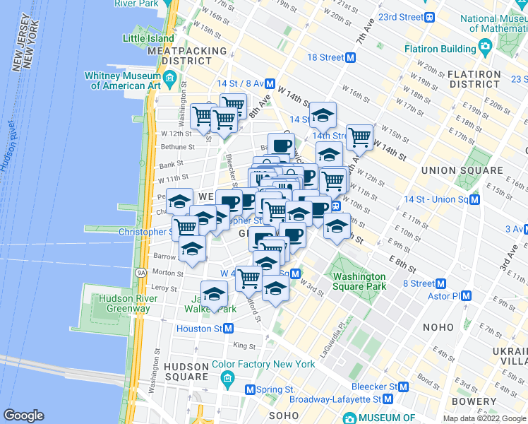 map of restaurants, bars, coffee shops, grocery stores, and more near in New York