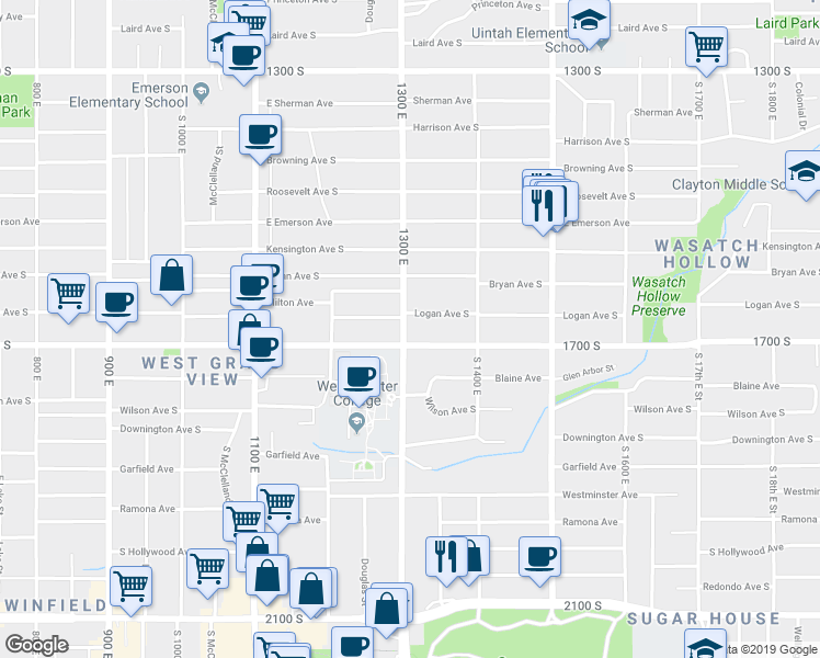 map of restaurants, bars, coffee shops, grocery stores, and more near 1633 South 1300 East in Salt Lake City