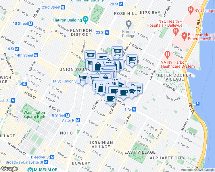 map of restaurants, bars, coffee shops, grocery stores, and more near 207 East 15th Street in New York