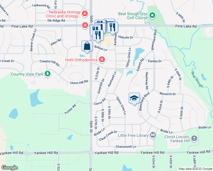 map of restaurants, bars, coffee shops, grocery stores, and more near 7609 Kentwell Lane in Lincoln