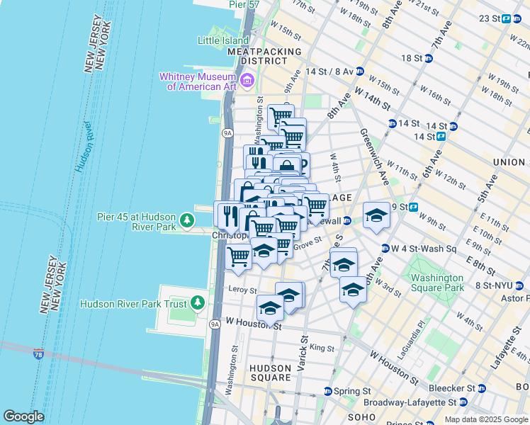 map of restaurants, bars, coffee shops, grocery stores, and more near 693 Washington Street in New York