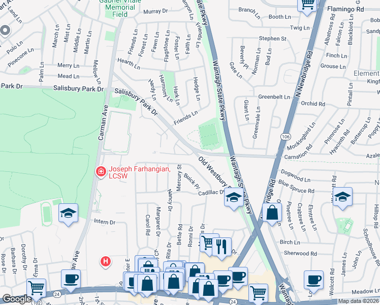 map of restaurants, bars, coffee shops, grocery stores, and more near 4316 Salisbury Park Drive in East Meadow