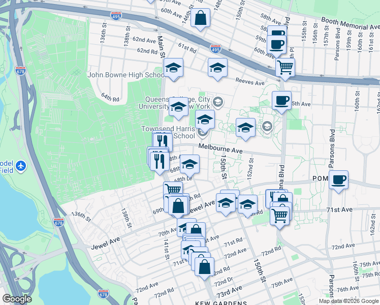 map of restaurants, bars, coffee shops, grocery stores, and more near 67-16 147th Street in Queens