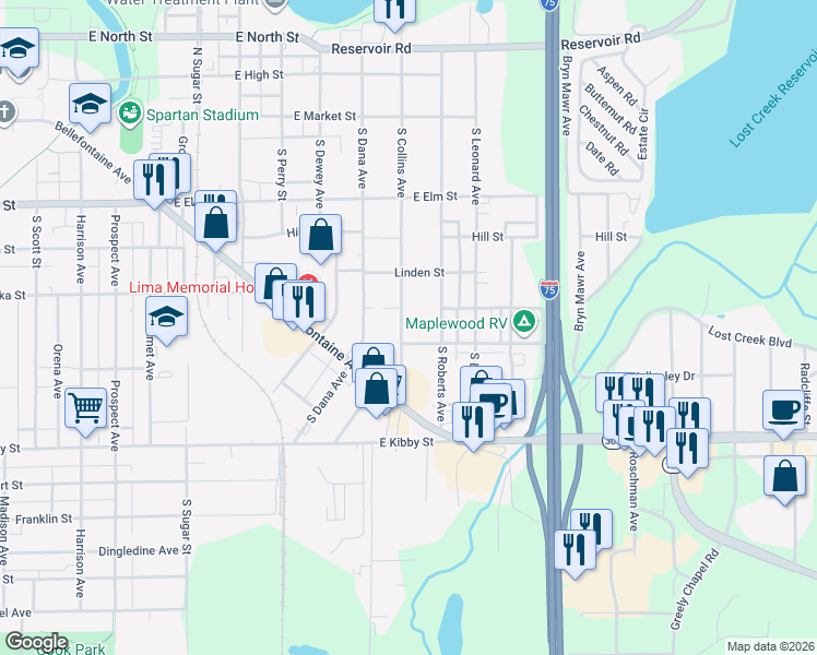 map of restaurants, bars, coffee shops, grocery stores, and more near 511 South Collins Avenue in Lima