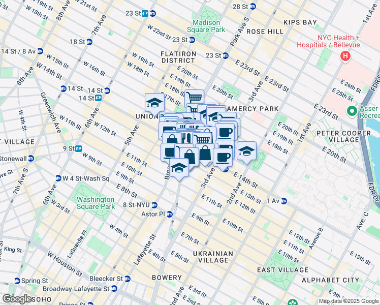 map of restaurants, bars, coffee shops, grocery stores, and more near 104 East 14th Street in New York