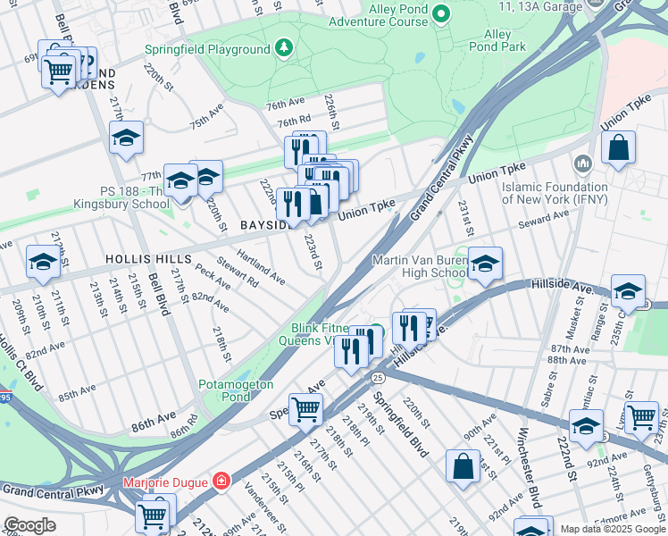 map of restaurants, bars, coffee shops, grocery stores, and more near 80-62 Springfield Boulevard in Queens