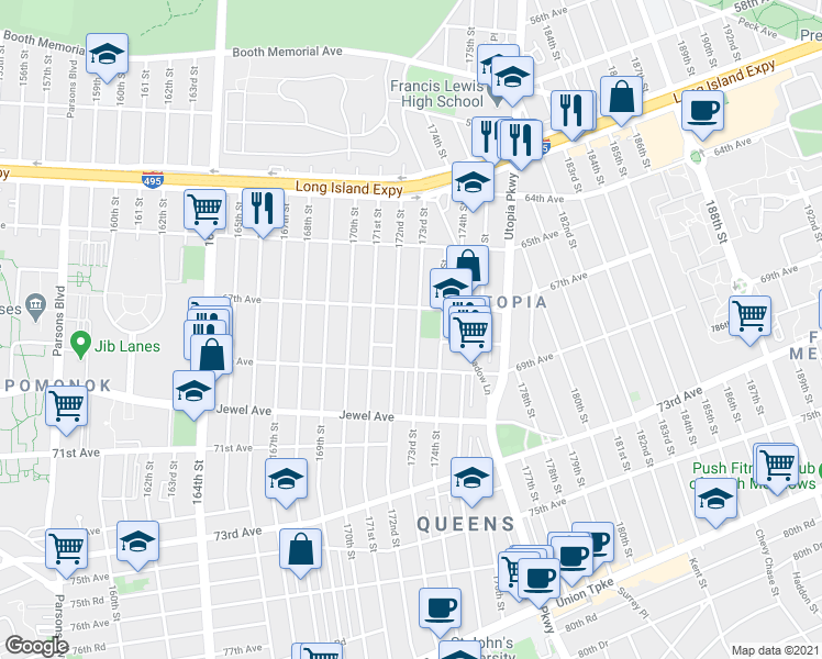 map of restaurants, bars, coffee shops, grocery stores, and more near 67-18 173rd Street in Queens