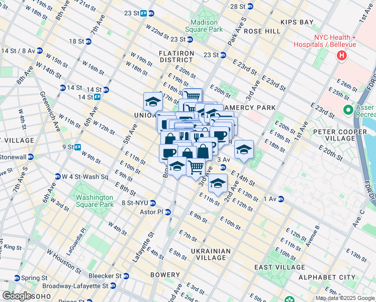 map of restaurants, bars, coffee shops, grocery stores, and more near 104 East 14th Street in New York