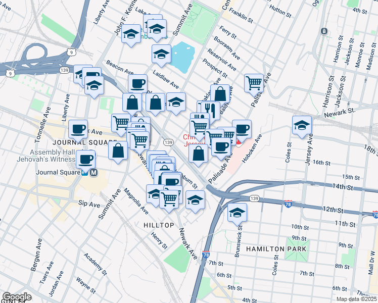 map of restaurants, bars, coffee shops, grocery stores, and more near 366 Hoboken Avenue in Jersey City