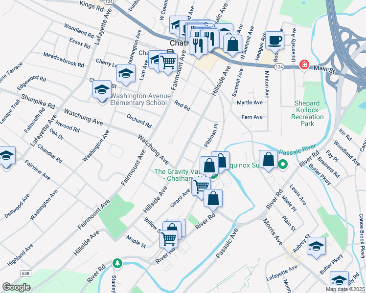 map of restaurants, bars, coffee shops, grocery stores, and more near 122 Hillside Avenue in Chatham