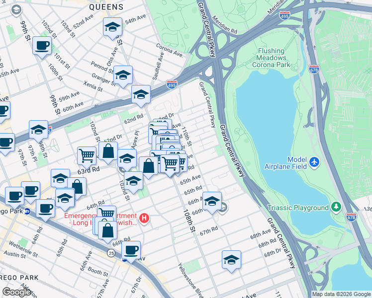 map of restaurants, bars, coffee shops, grocery stores, and more near 108-54 63rd Drive in Queens