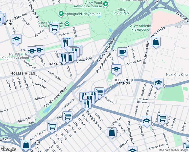 map of restaurants, bars, coffee shops, grocery stores, and more near 25 Stronghurst Avenue in Queens