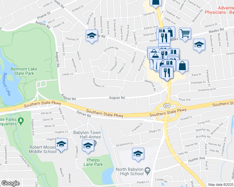 map of restaurants, bars, coffee shops, grocery stores, and more near 86 Elkton Lane in North Babylon
