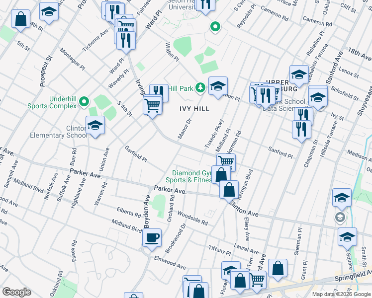 map of restaurants, bars, coffee shops, grocery stores, and more near 594 Irvington Avenue in Maplewood
