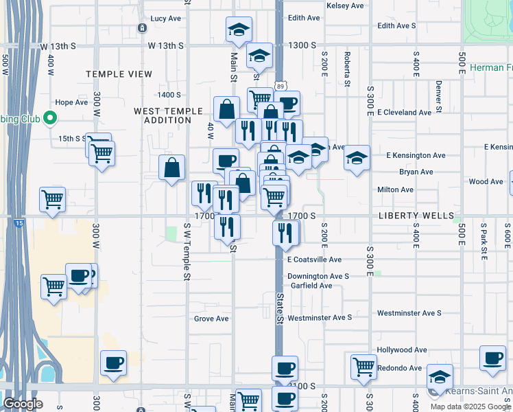 map of restaurants, bars, coffee shops, grocery stores, and more near 1669 Major Street East in Salt Lake City