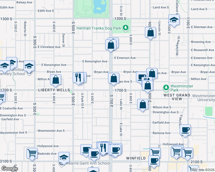 map of restaurants, bars, coffee shops, grocery stores, and more near 687 East 1700 South in Salt Lake City