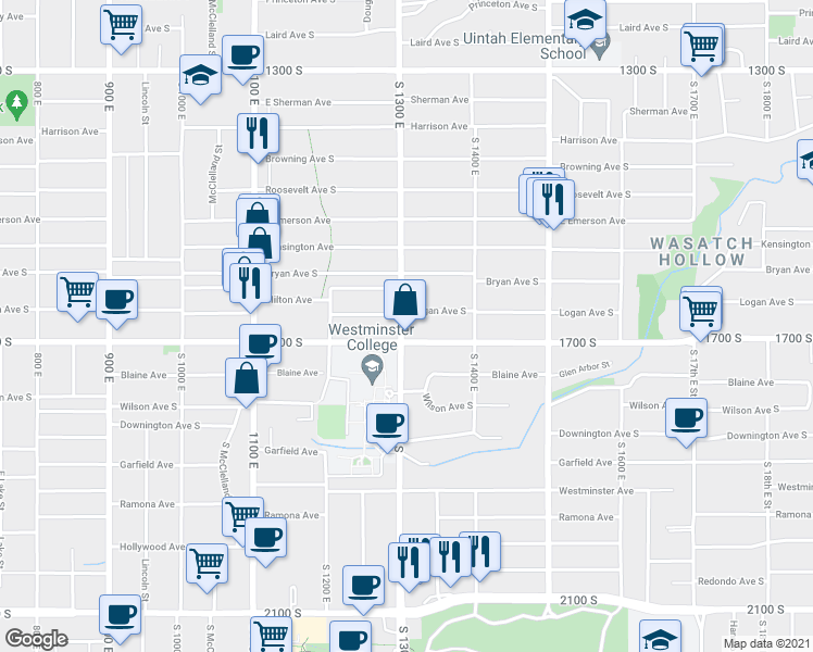 map of restaurants, bars, coffee shops, grocery stores, and more near 1633 South 1300 East in Salt Lake City