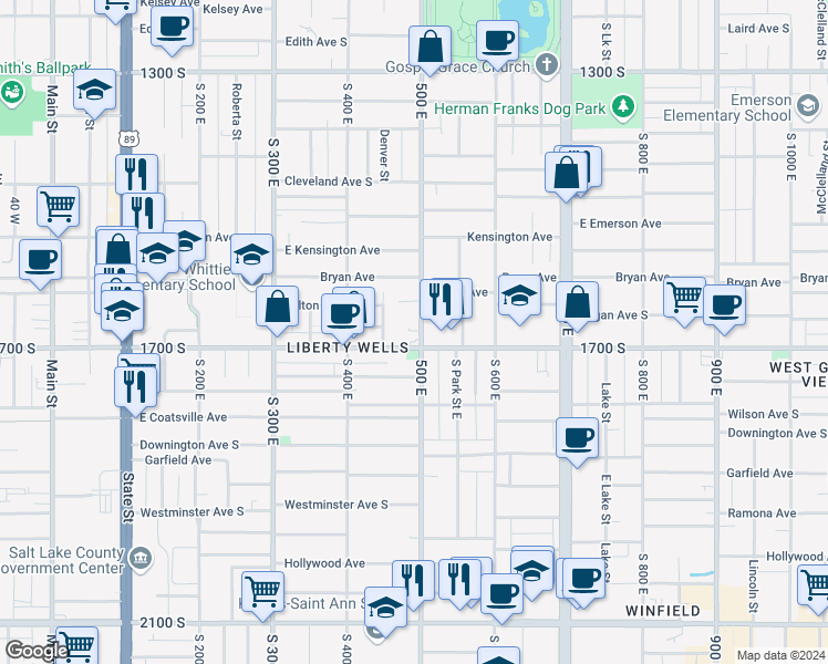 map of restaurants, bars, coffee shops, grocery stores, and more near 469 East 1700 South in Salt Lake City