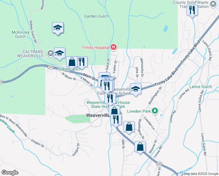 map of restaurants, bars, coffee shops, grocery stores, and more near 34 Center Street in Weaverville