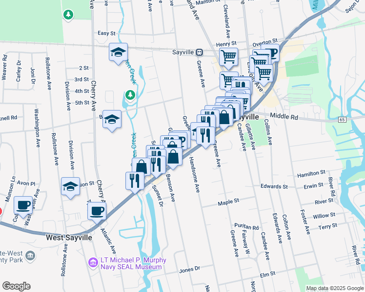 map of restaurants, bars, coffee shops, grocery stores, and more near 28 Bohack Court in Sayville