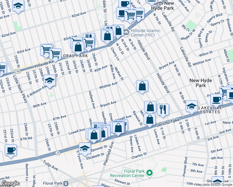 map of restaurants, bars, coffee shops, grocery stores, and more near 94 Willis Avenue in Floral Park