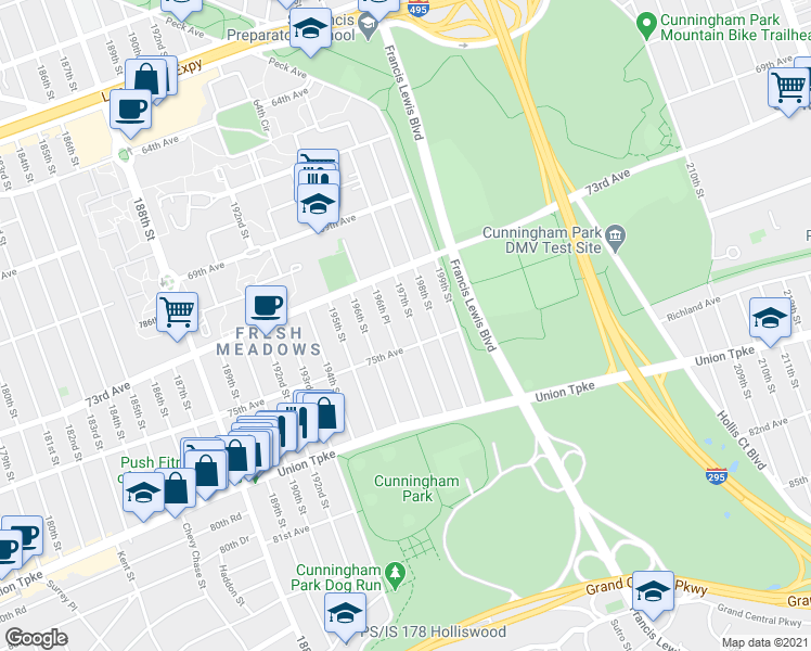 map of restaurants, bars, coffee shops, grocery stores, and more near 73-58 197th Street in Queens