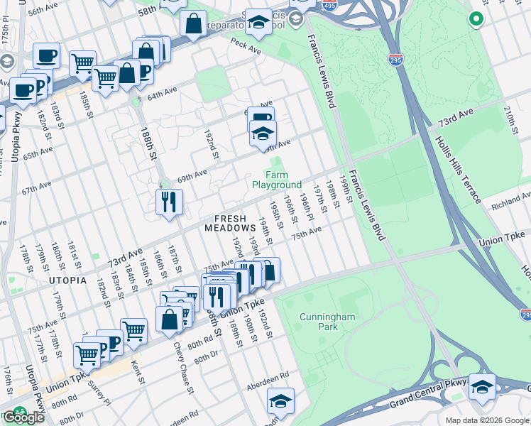 map of restaurants, bars, coffee shops, grocery stores, and more near in Queens