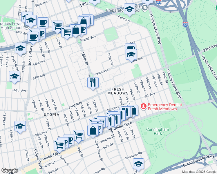 map of restaurants, bars, coffee shops, grocery stores, and more near 189-15A 73rd Avenue in Queens