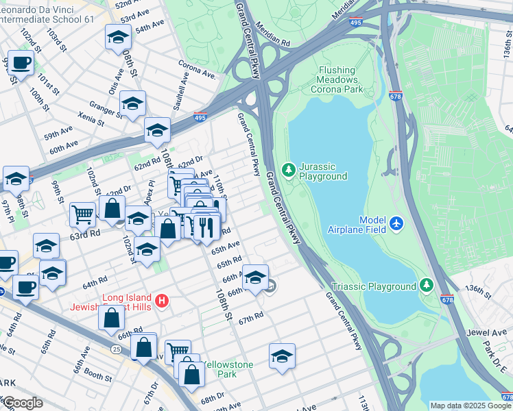 map of restaurants, bars, coffee shops, grocery stores, and more near 64-02 Grand Central Parkway in Queens