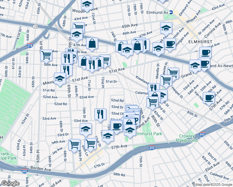 map of restaurants, bars, coffee shops, grocery stores, and more near 73-05 52nd Avenue in Queens