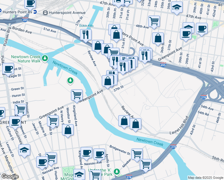 map of restaurants, bars, coffee shops, grocery stores, and more near in Queens
